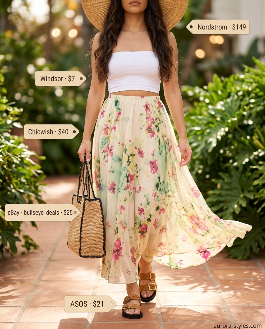Cream bandeau top with a multicolor floral maxi skirt for a boho poolside summer look 2026.