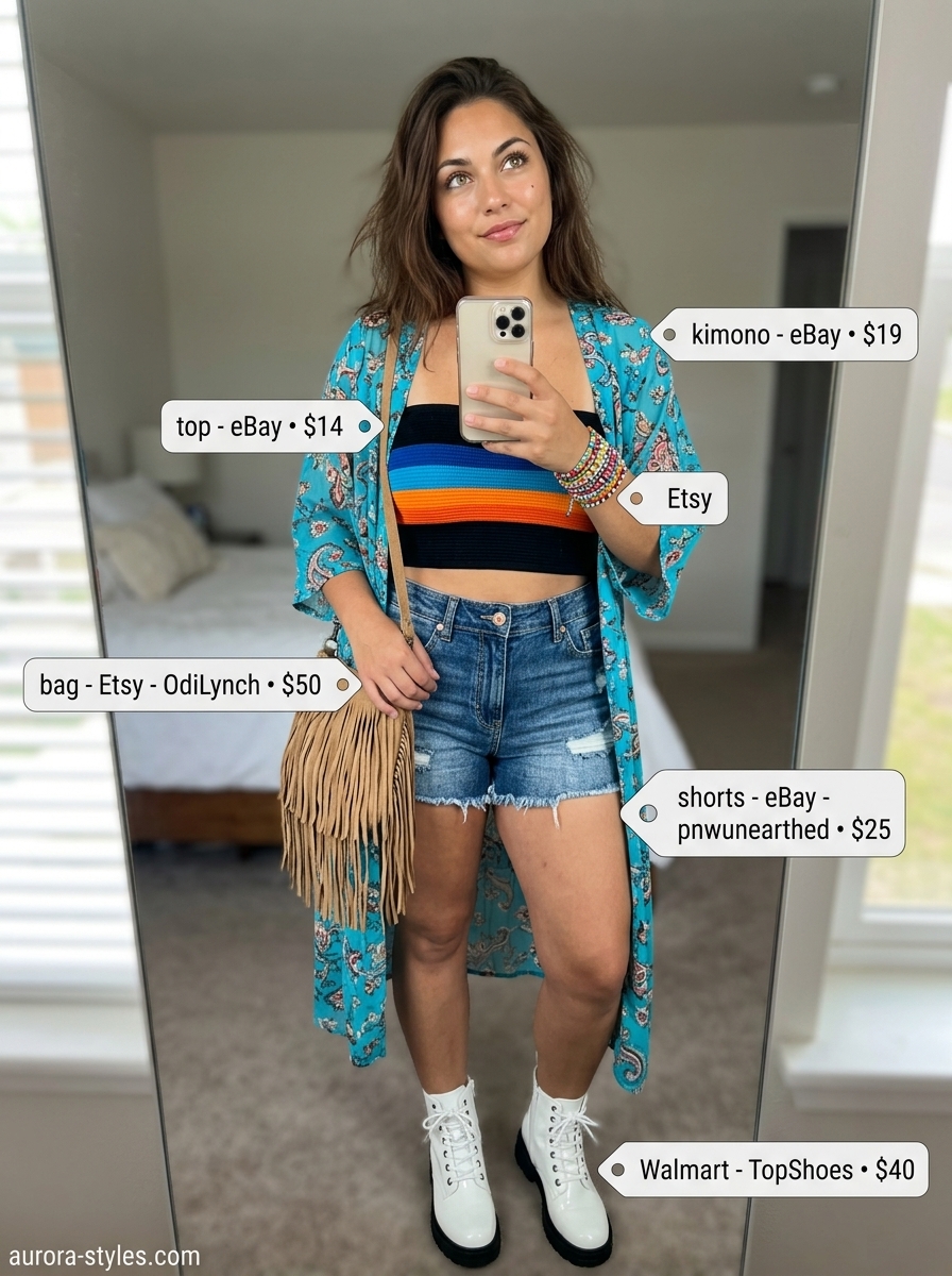 Festival ready outfit: striped bandeau top, denim shorts, kimono, combat boots. Summer Bandeau top for women 2026.