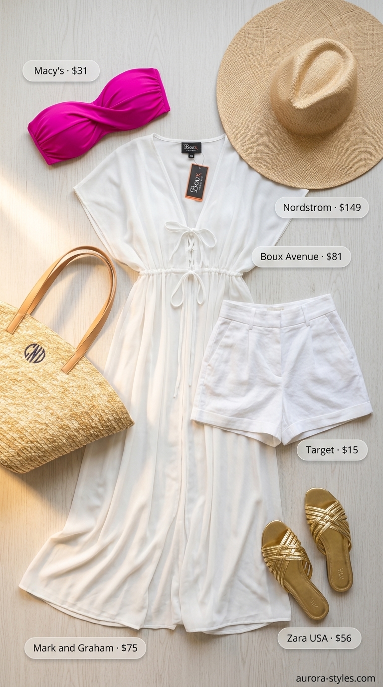 Fuchsia bandeau bikini top with a white sheer kaftan for glamorous poolside style 2026.