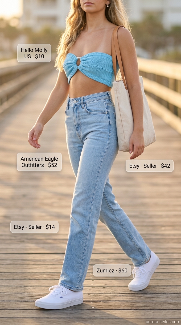 Sky blue ribbed bandeau top with denim jeans for a relaxed coastal summer outfit 2026.