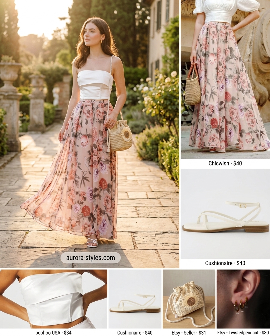 Romantic sunset outfit: blush pink bandeau top, floral maxi skirt, straw bag. Summer Bandeau top for women 2026.