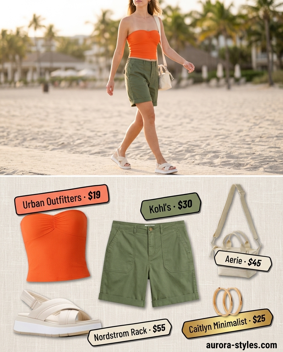 Terracotta knit bandeau top with khaki Bermuda shorts for adventurous summer travel outfits 2026.