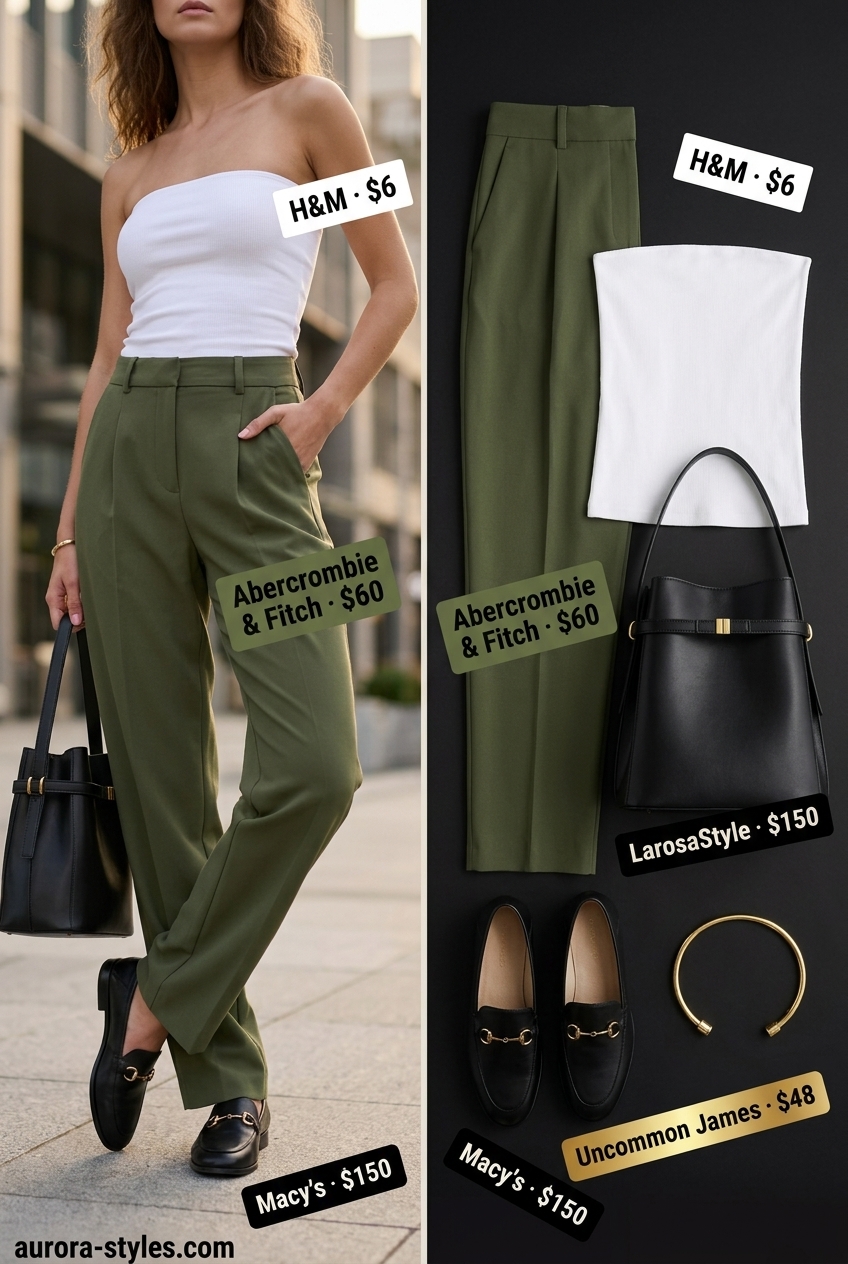 White seamless bandeau top with olive green tailored trousers for smart casual summer workwear 2026.