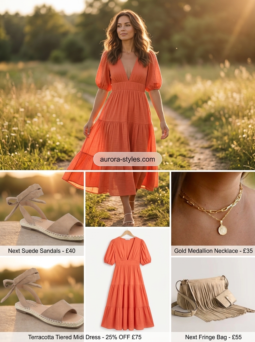 Terracotta tiered dress, cream crossbody, and gold necklaces. Bohemian summer basic outfit for women 2026 for picnics.