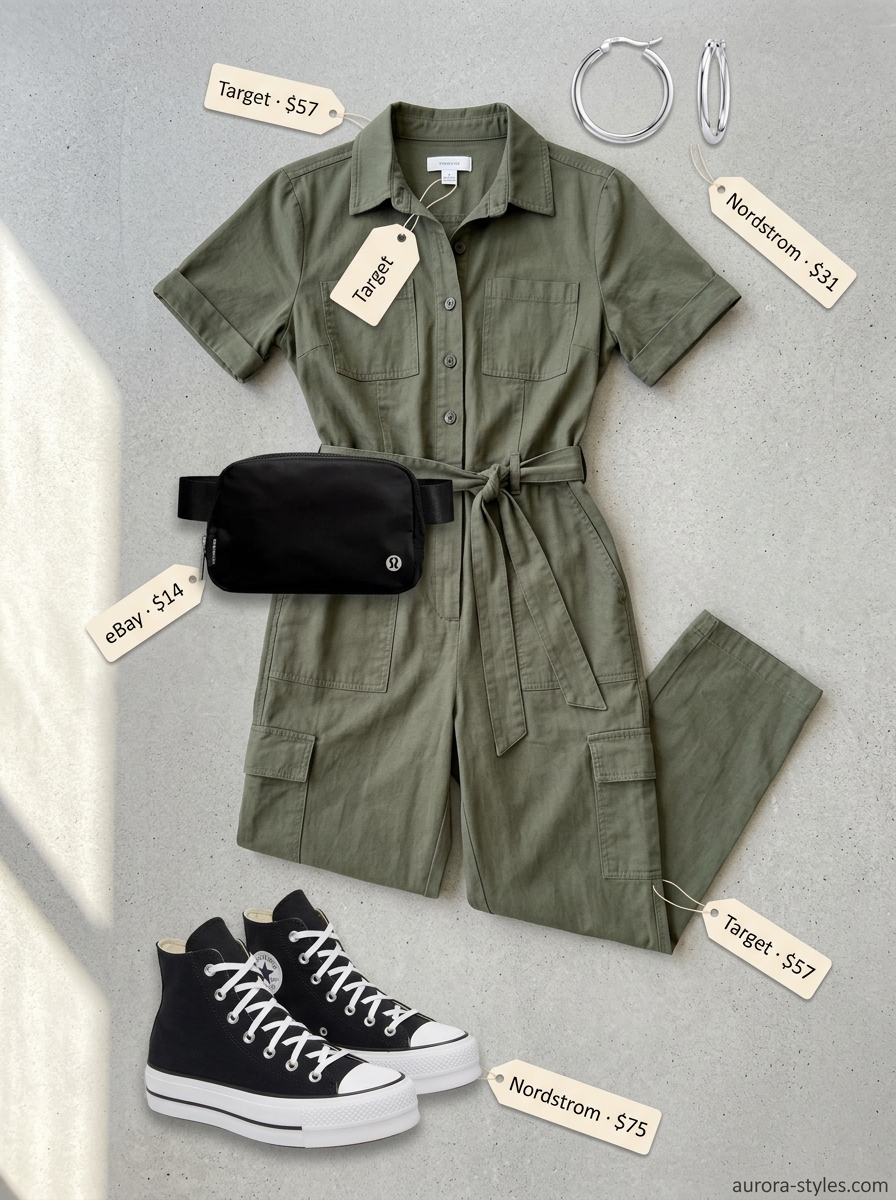 Khaki utility jumpsuit with chunky sneakers for a summer basic outfit for women 2026.