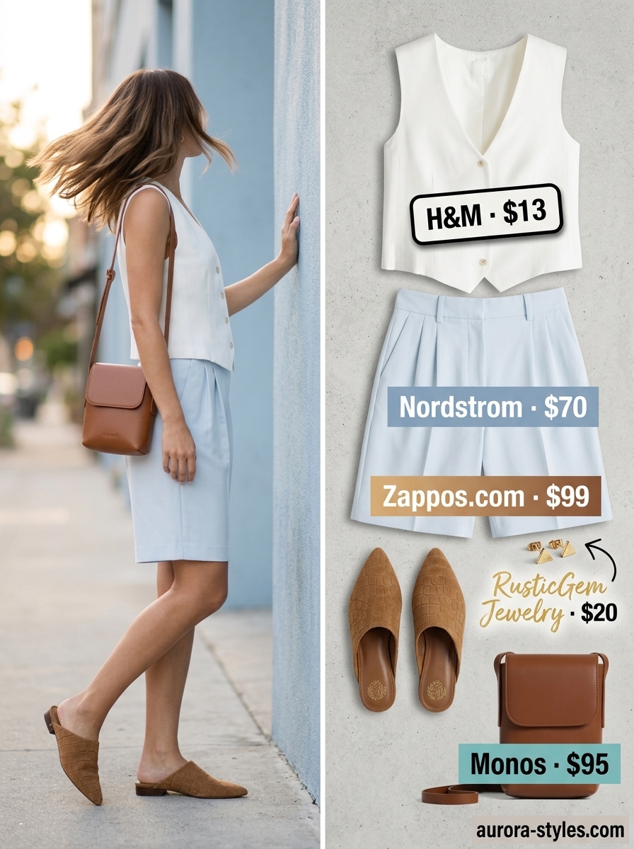 Dusty blue Bermuda shorts, white vest, and tan mules. Sophisticated summer basic outfit for women 2026 for city strolls.