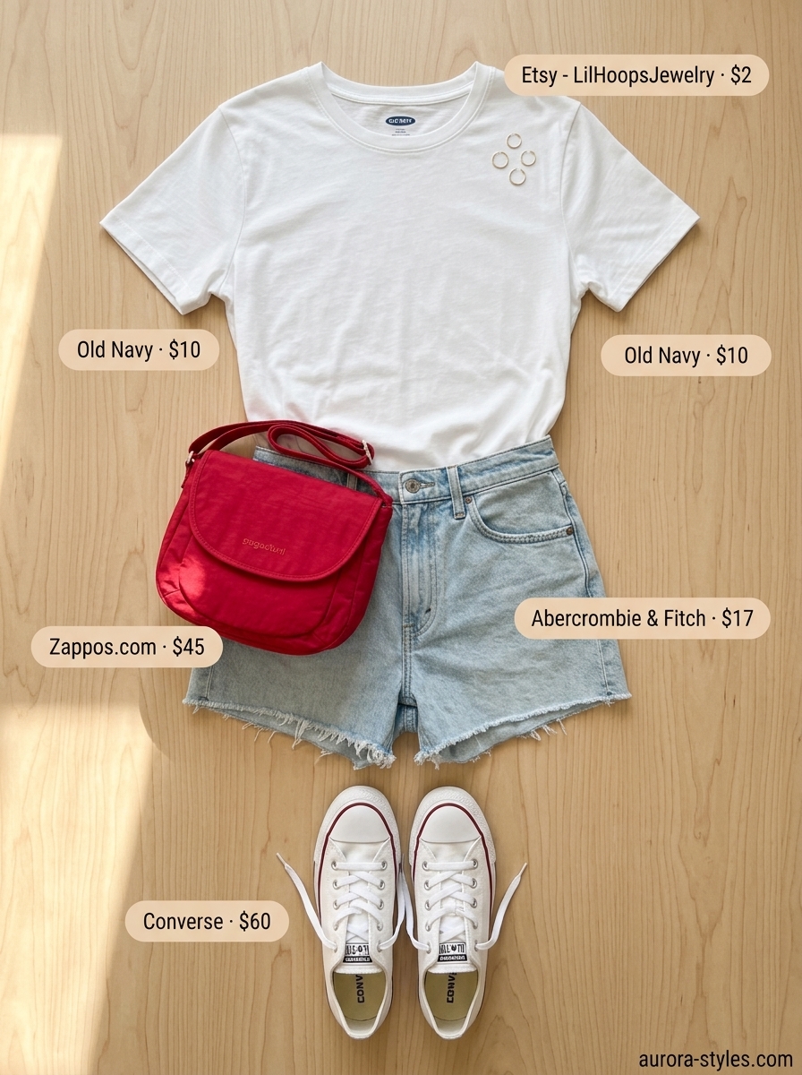 Casual summer basic outfit for women 2026 with denim shorts, white tee, and red crossbody. Great for a market day.