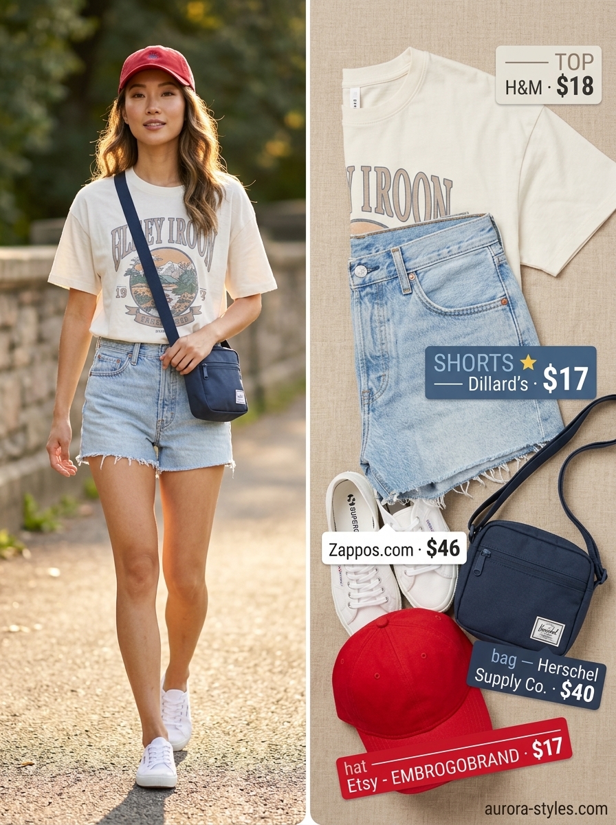 Light wash denim shorts, white graphic tee, and red cap. Casual summer basic outfit for women 2026 for weekends.