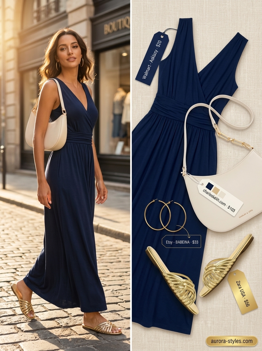 Navy maxi dress with gold hoops and sandals for a summer basic outfit for women 2026.