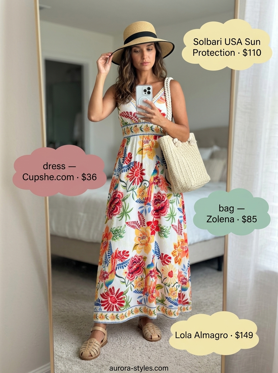 Bright floral maxi dress with straw hat and espadrilles is a bohemian summer basic outfit for women 2026 for the beach.