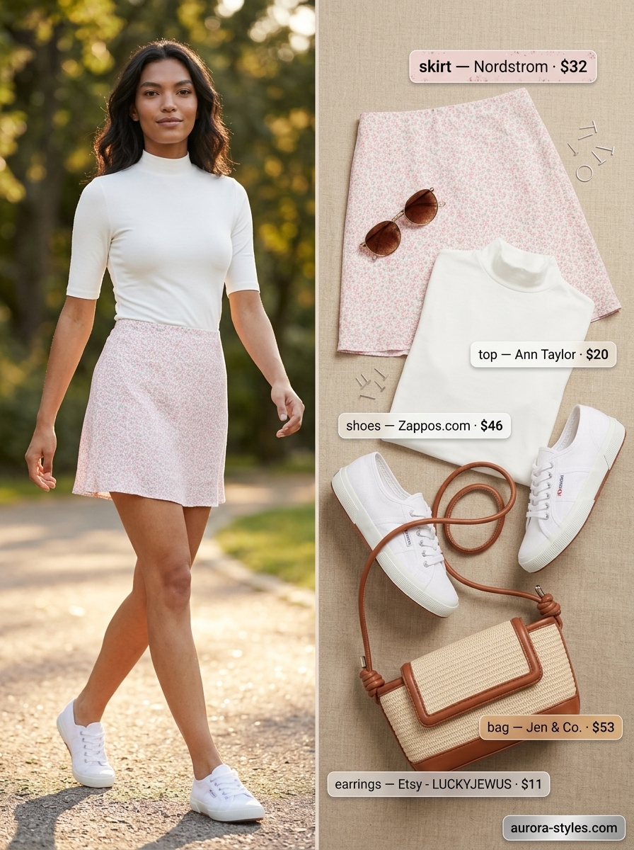 Pastel pink floral mini skirt with white top and sneakers is a sweet summer basic outfit for women 2026 for the park.
