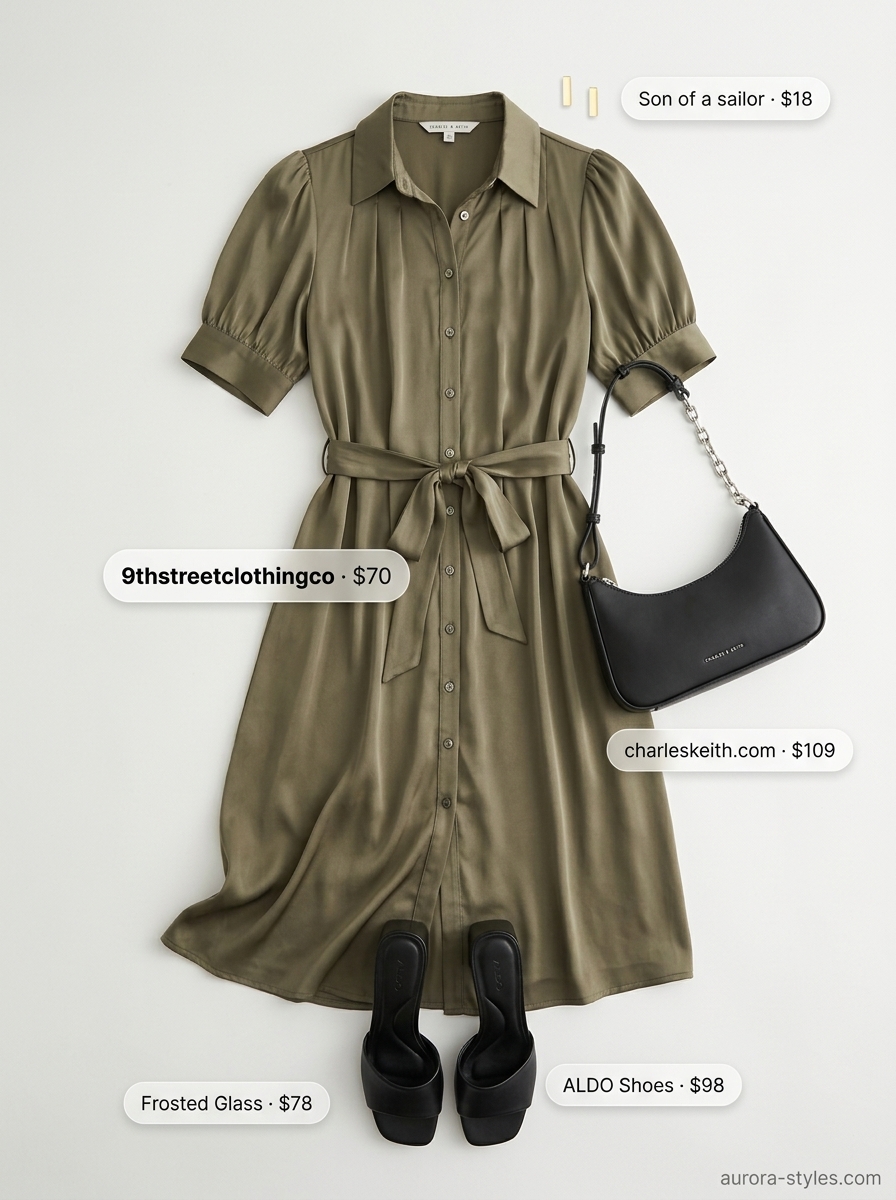 Olive green satin midi dress, black mules, and gold earrings. Chic summer basic outfit for women 2026 for gallery openings.