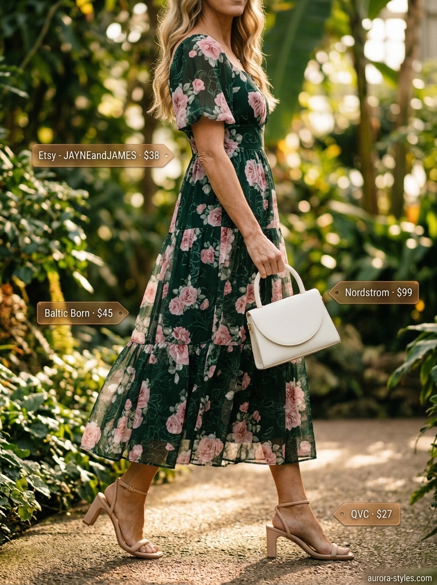 Green floral midi dress with gold pearl earrings for a summer basic outfit for women 2026.