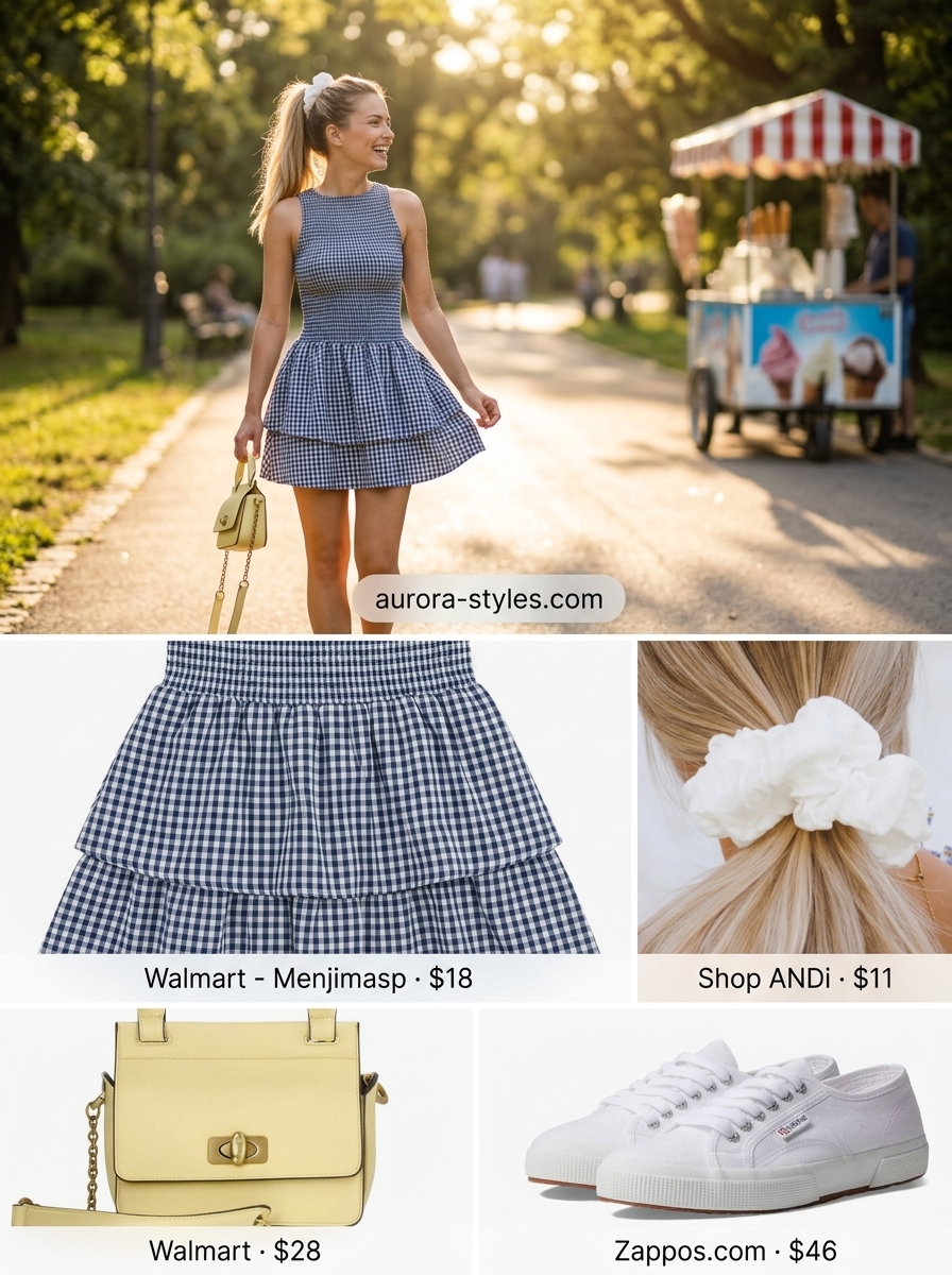 Lemon yellow gingham sundress with white sneakers is a cute summer basic outfit for women 2026. Perfect for a park stroll.