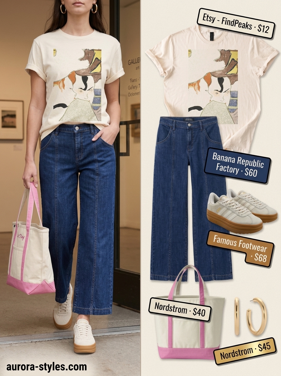 Mustard yellow graphic tee, wide-leg jeans, and chunky sneakers. Creative summer basic outfit for women 2026 for galleries.