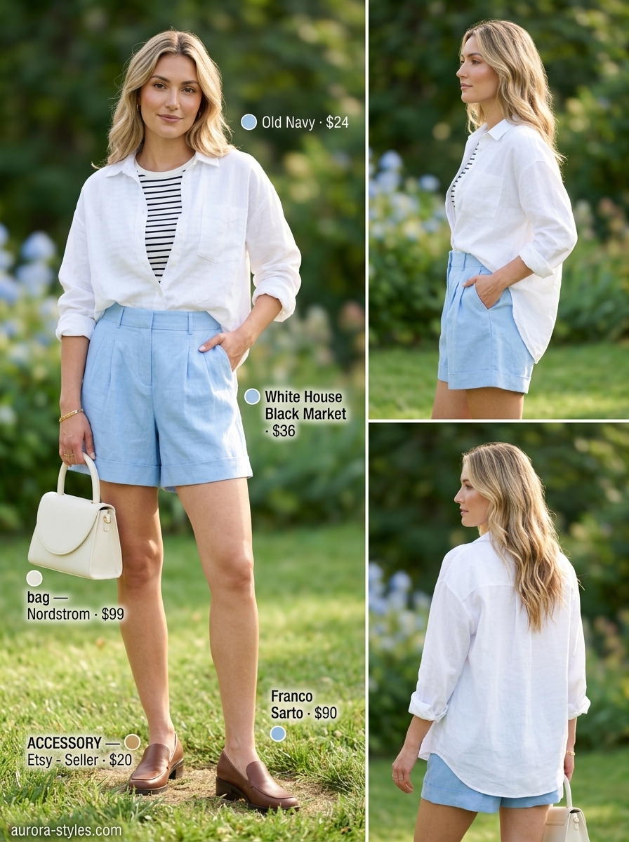 Sky blue linen shorts with white shirt for a summer basic outfit for women 2026.