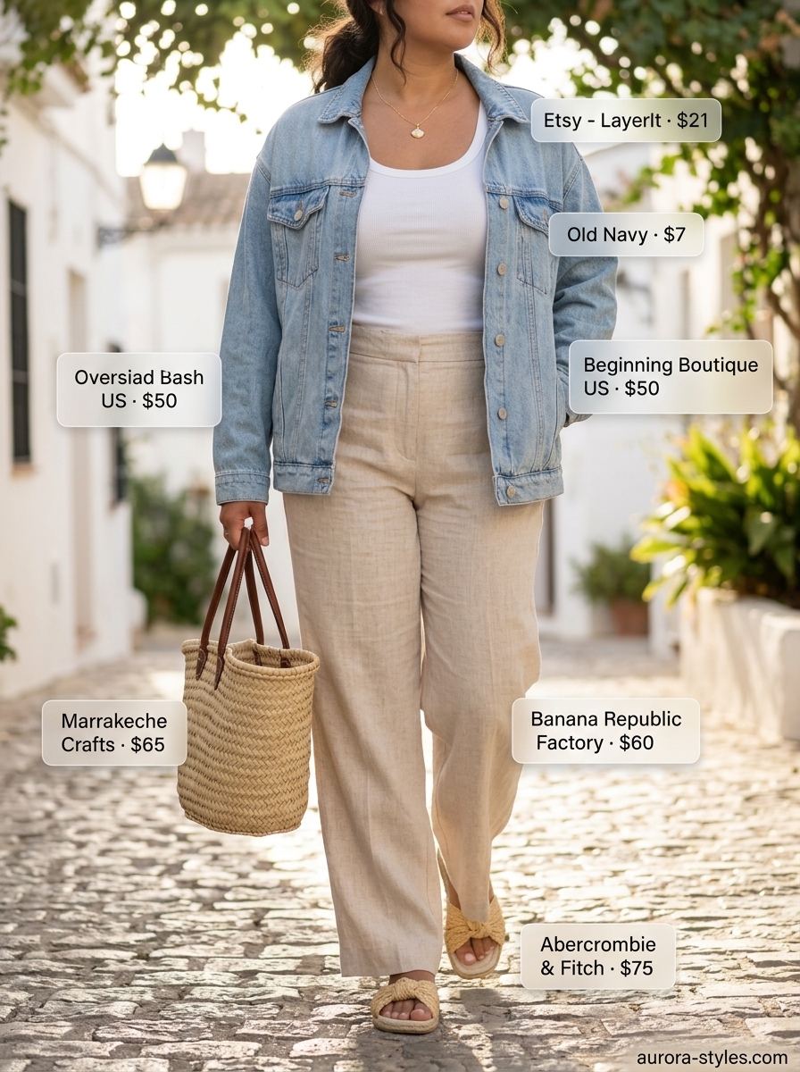 Natural beige linen pants, white tank, and denim jacket. Airy summer basic outfit for women 2026 for coastal vibes.
