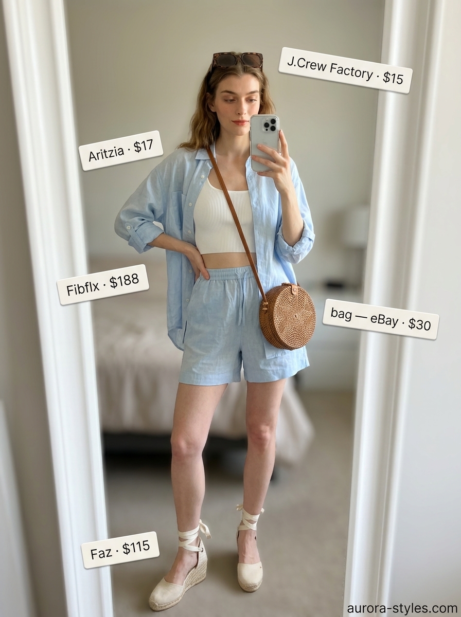 Sky blue linen matching set with white crop top is a vacation summer basic outfit for women 2026 for brunch.