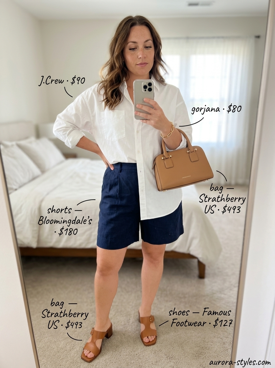 Navy Bermuda shorts with white shirt for a summer basic outfit for women 2026.