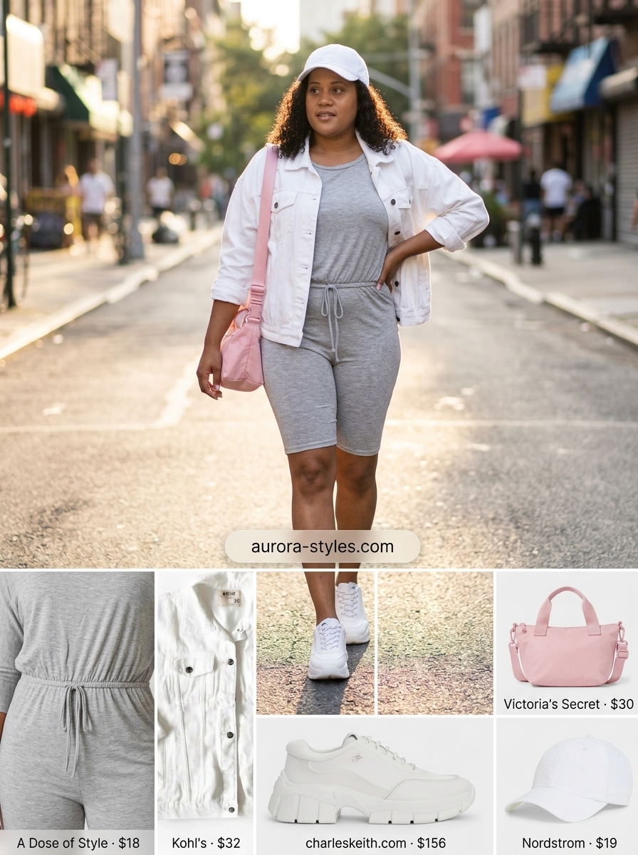 Heather grey romper, white denim jacket, and pink crossbody. Sporty summer basic outfit for women 2026 for athleisure.