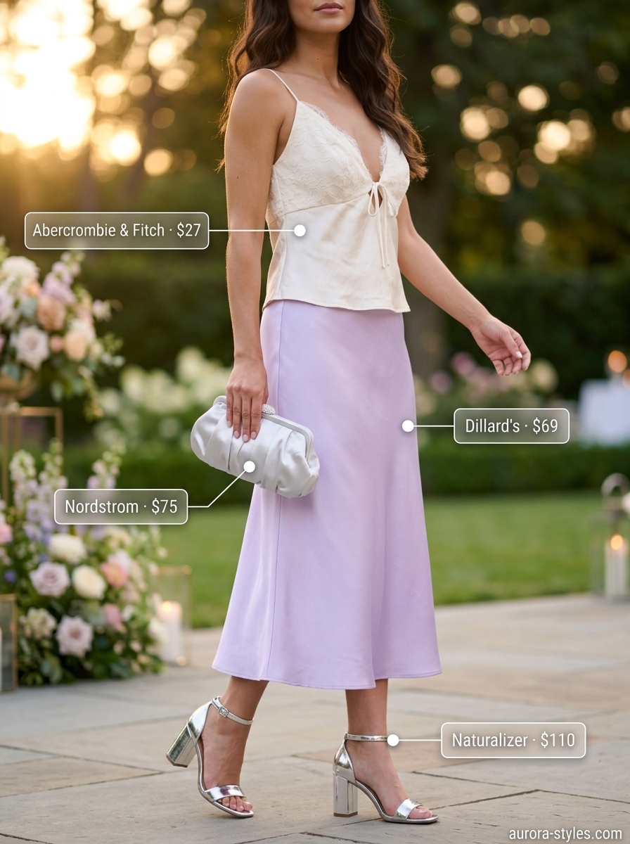 Soft lavender satin midi skirt with cream camisole is an elegant summer basic outfit for women 2026 for a garden party.