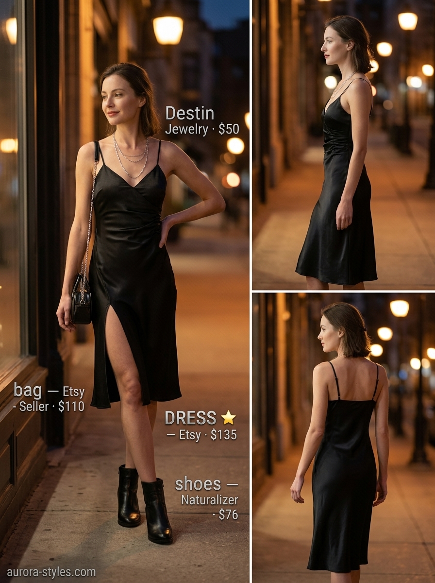 Sleek black slip dress with ankle boots and silver necklaces is a chic summer basic outfit for women 2026 for date night.
