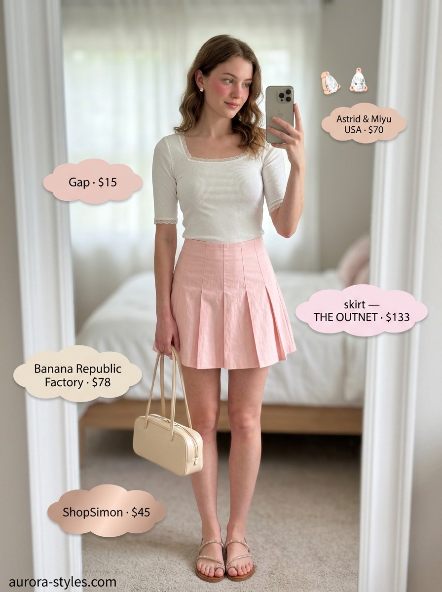 Soft pink mini skirt with cream knit top for a summer basic outfit for women 2026.