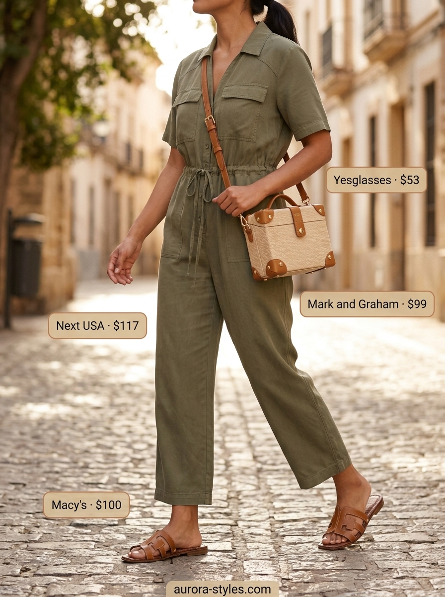Khaki utility jumpsuit, tan slides, and raffia crossbody bag. Effortless summer basic outfit for women 2026 for travel.