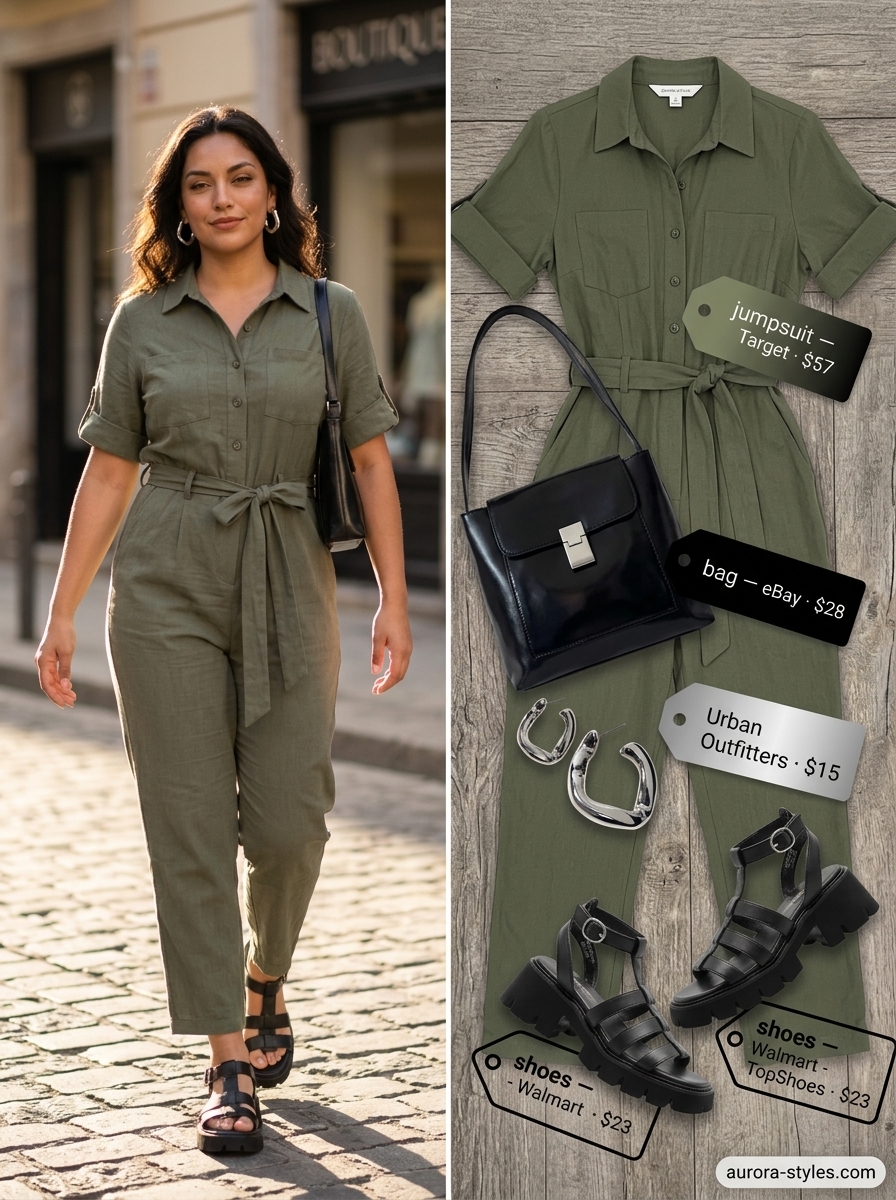 Olive green utility jumpsuit with chunky sandals for a summer basic outfit for women 2026.