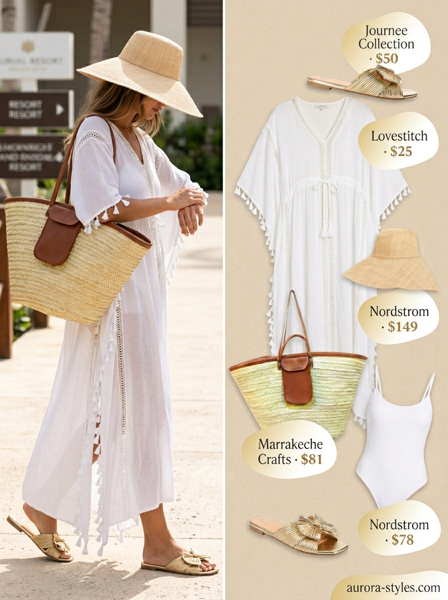 Luxurious summer beach outfit for women 2026: White caftan cover-up, swimsuit, gold sandals & straw tote.