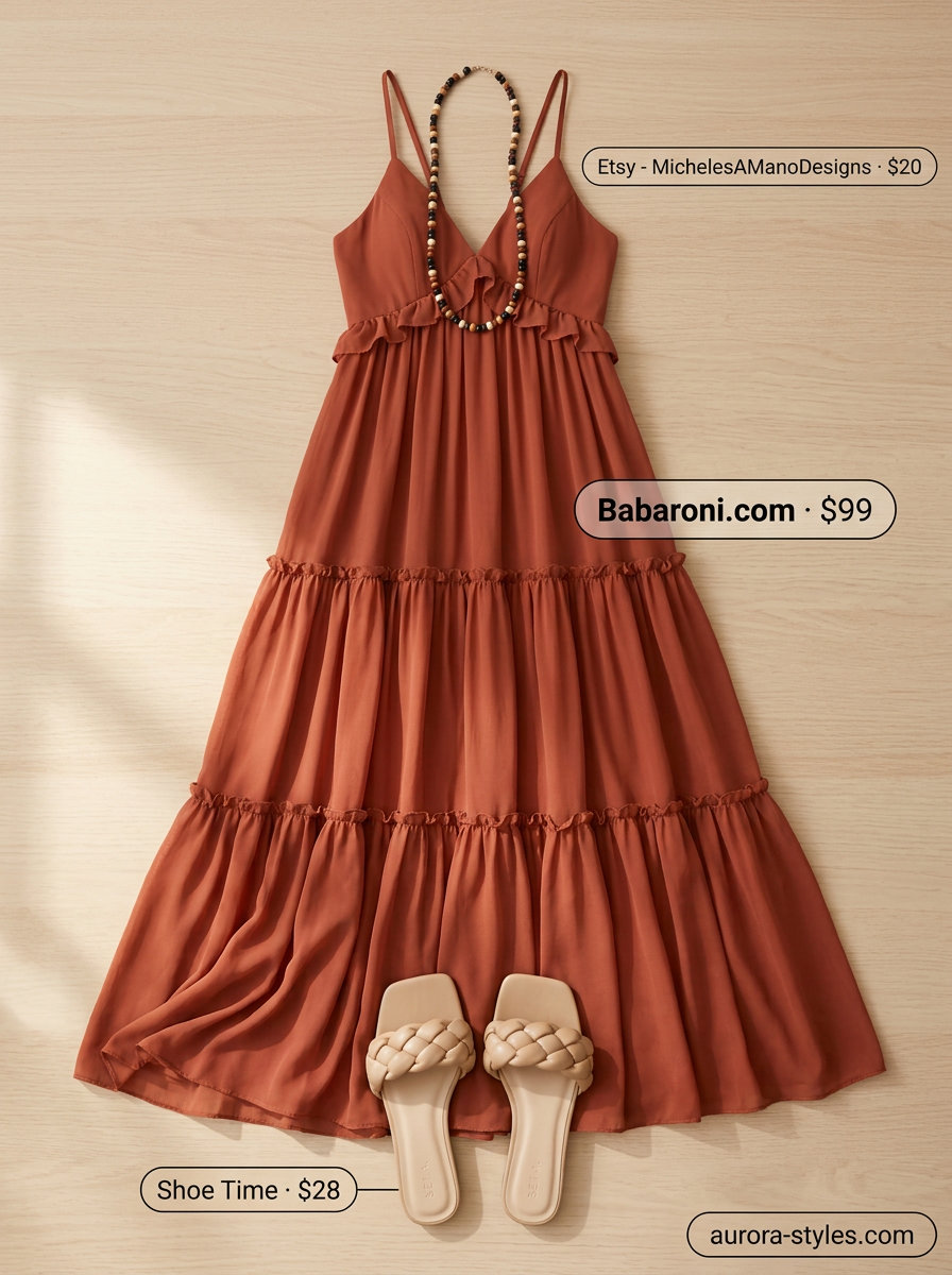 Terracotta maxi dress & wood beads: Bohemian summer beach outfit for women 2026. Ideal for sunset walks.
