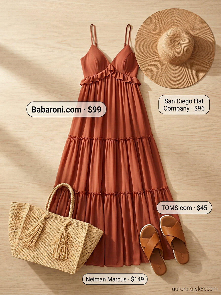 Boho summer beach outfit for women 2026: Terracotta maxi dress, straw hat, tote & tan slide sandals.