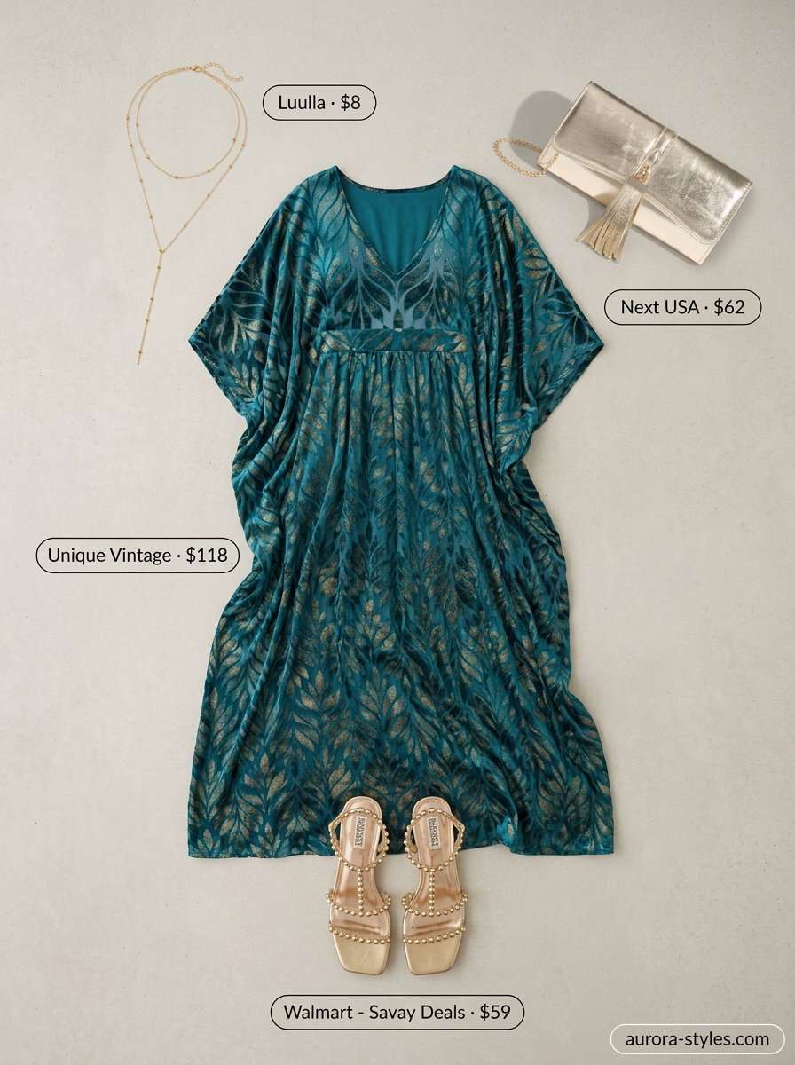 Glamorous summer beach outfit for women 2026: Teal caftan dress, bronze sandals, gold necklace & metallic clutch.