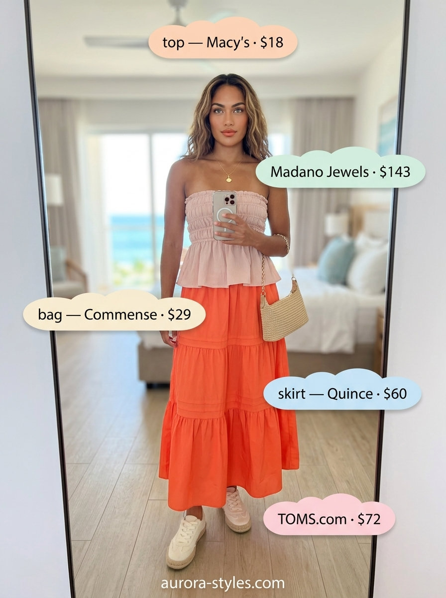 Playful summer beach outfit for women 2026: Coral skirt, blush top, espadrilles & straw bag.