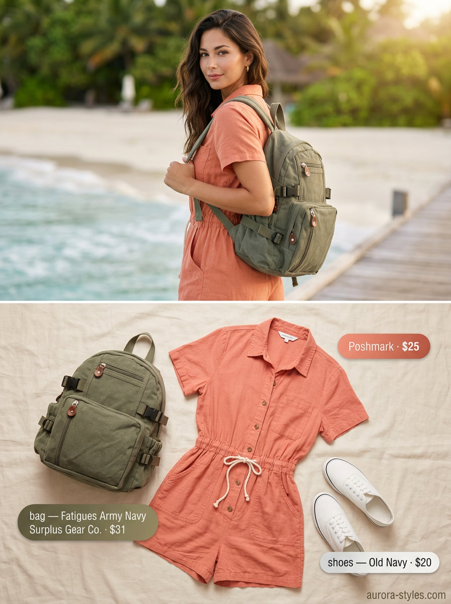 Island hopper summer beach outfit for women 2026: coral romper, white sneakers, canvas backpack, sporty sunglasses.