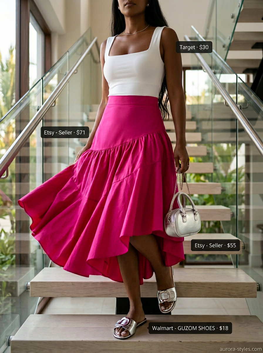 Fuchsia skirt & white crop top: Vibrant summer beach outfit for women 2026. Perfect for sunset cocktails.