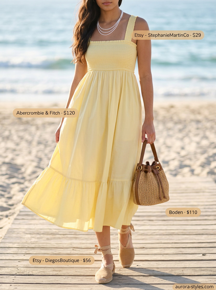 Lemon grove summer beach outfit for women 2026: yellow midi dress, straw bag, espadrilles, beaded necklace.