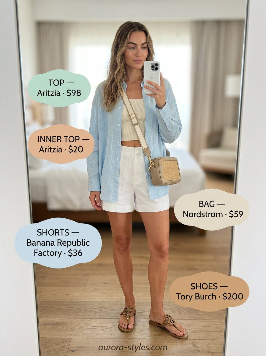 Chic summer beach outfit for women 2026: White linen shorts, blue linen shirt, beige tank & sandals for beach lunch.