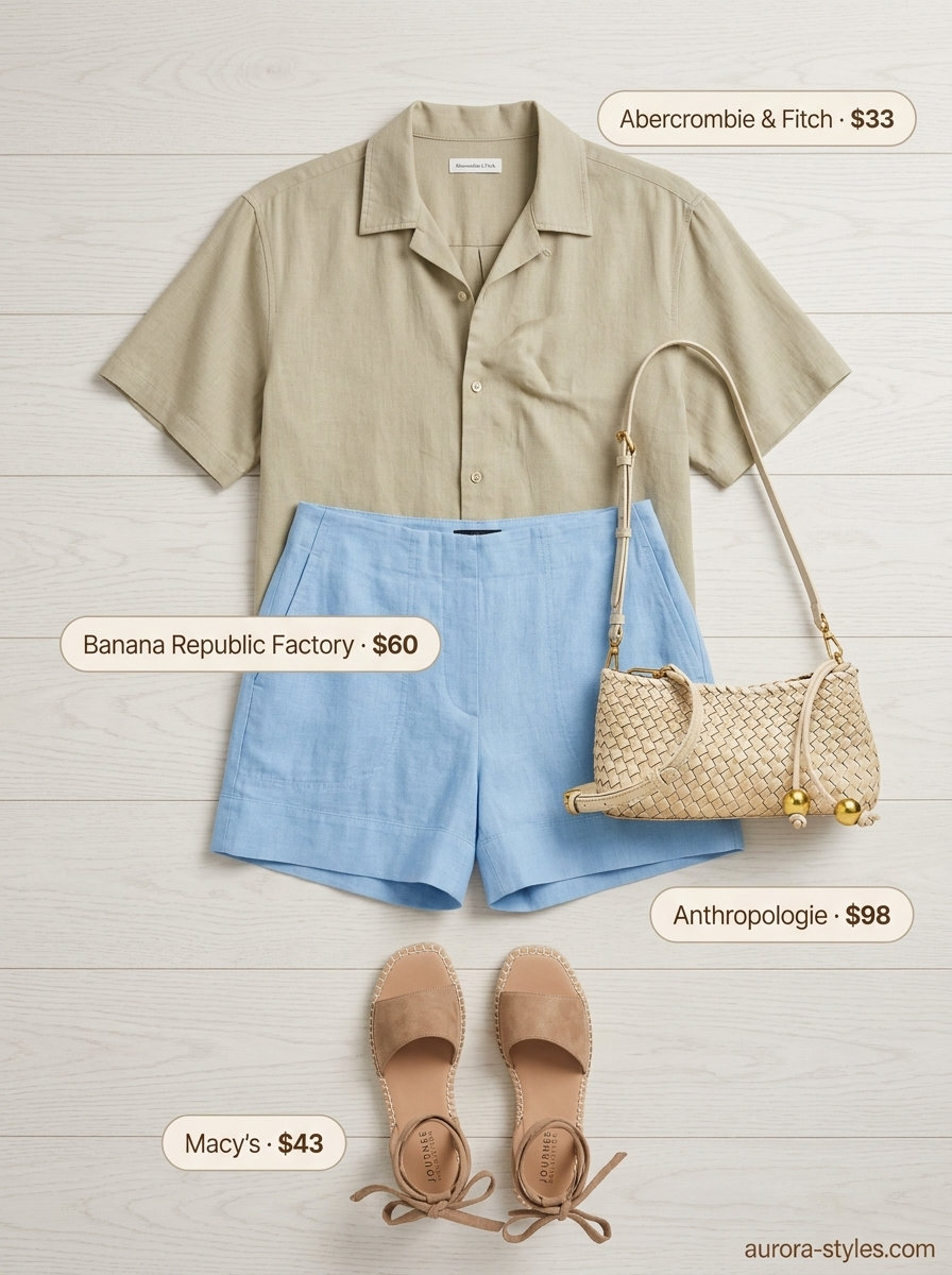 Sky blue linen shorts & white shirt: Effortless summer beach outfit for women 2026. Perfect for casual days.