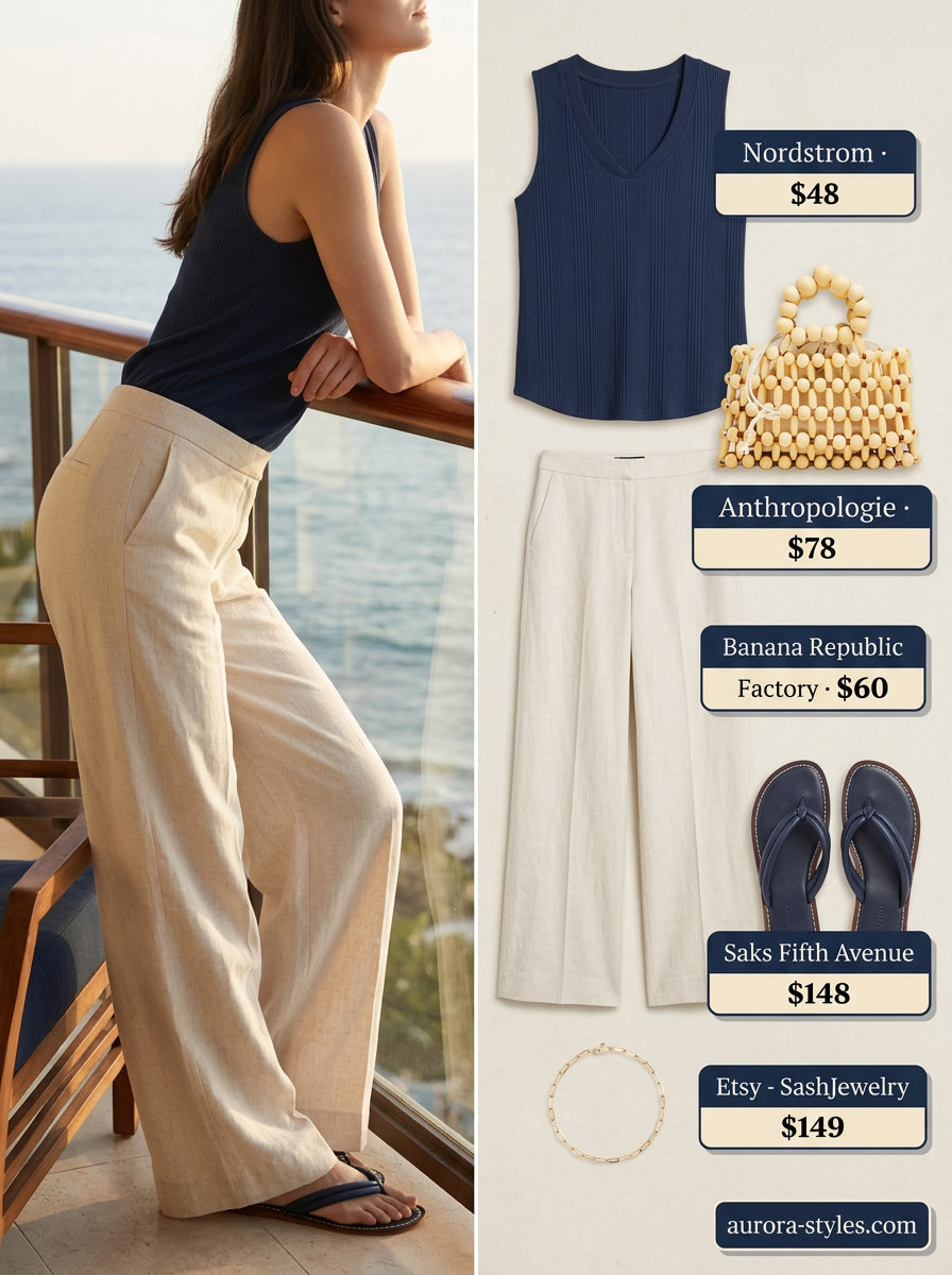 Sophisticated summer beach outfit for women 2026: Cream linen pants, navy knit top, leather slides & wood clutch.