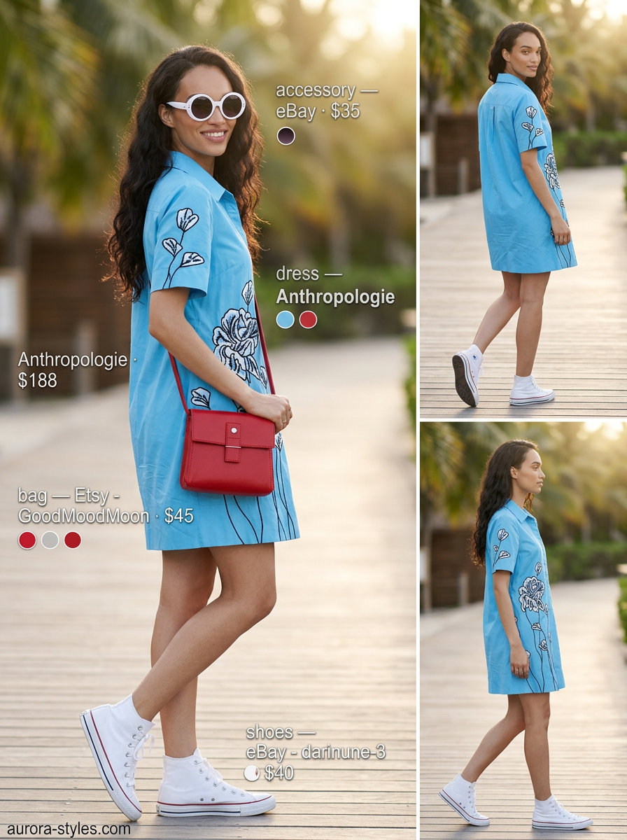 Retro beach summer outfit for women 2026: sky blue tunic dress, white sneakers, red crossbody, round sunglasses.
