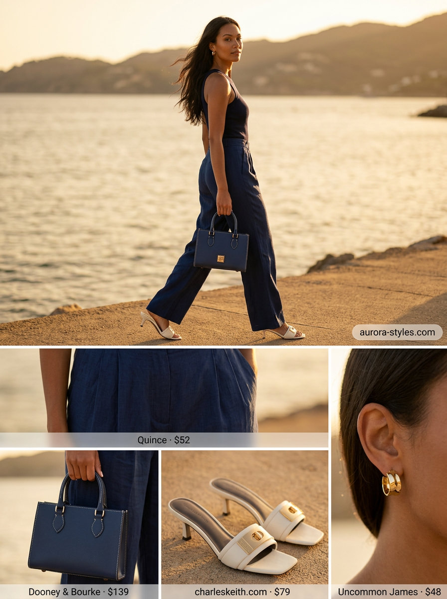 Chic summer beach outfit for women 2026: Navy linen pants, white bandeau top, block heels & top-handle bag.
