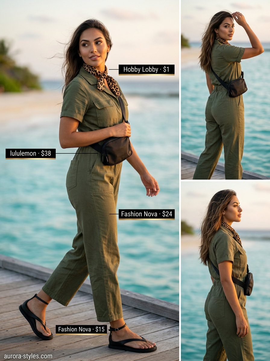 Safari island summer beach outfit for women 2026: khaki jumpsuit, leopard bandana, black belt bag, chunky sandals.