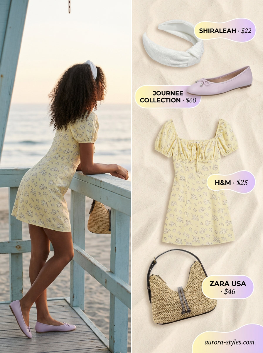 Sweet summer beach outfit for women 2026: Daisy yellow smocked mini dress, straw bag, white headband & lavender flats.