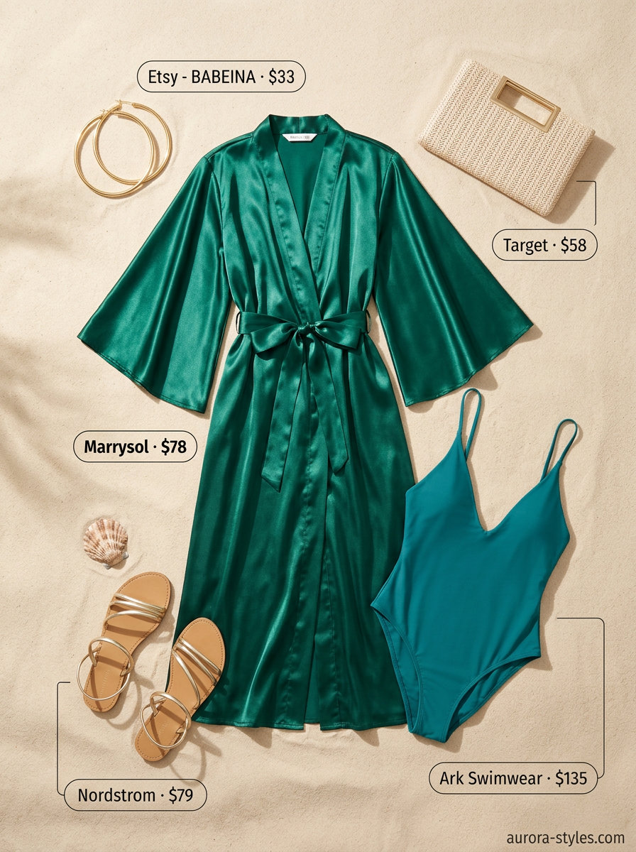 Vibrant summer beach outfit for women 2026: Emerald green caftan, swimsuit, gold sandals & straw clutch.