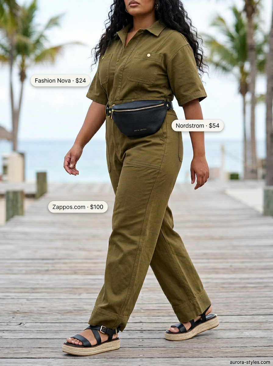 Olive green utility jumpsuit: Chic summer beach outfit for women 2026. Perfect for island excursions.