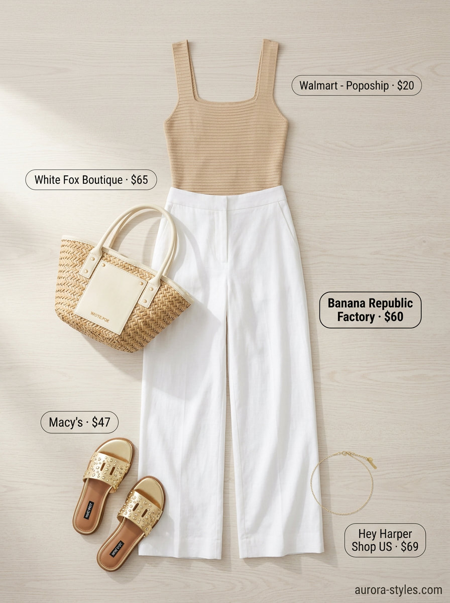 White linen summer beach outfit for women 2026: wide-leg pants, beige tank, straw bag, embellished sandals.
