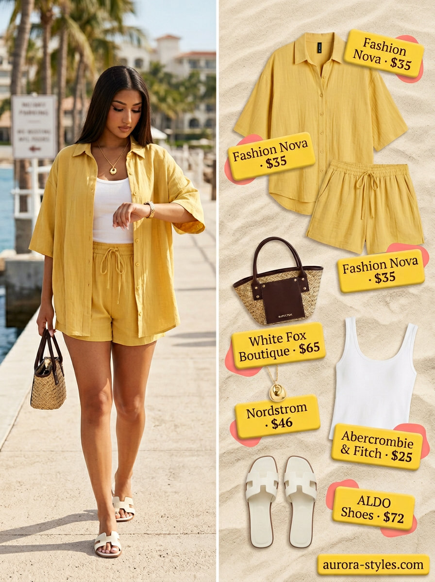 Yellow linen set & straw bag: Polished summer beach outfit for women 2026. Great for resort brunches.