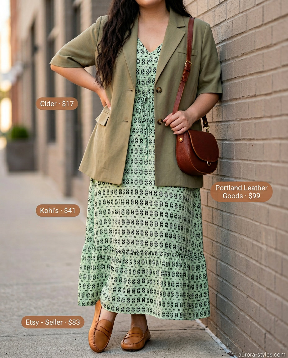 City explorer outfit for women 2026: Olive green blazer, white top, tan loafers, and crossbody bag.