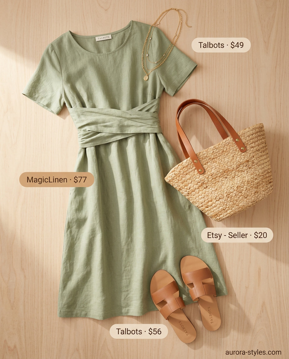 Sage green linen belted dress for women 2026, ideal for beach days with flat leather slides and a straw tote bag.